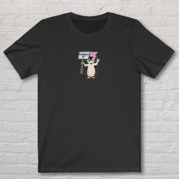 Graphic T-shirt with drawing of hedgehog holding a Feminist protest sign