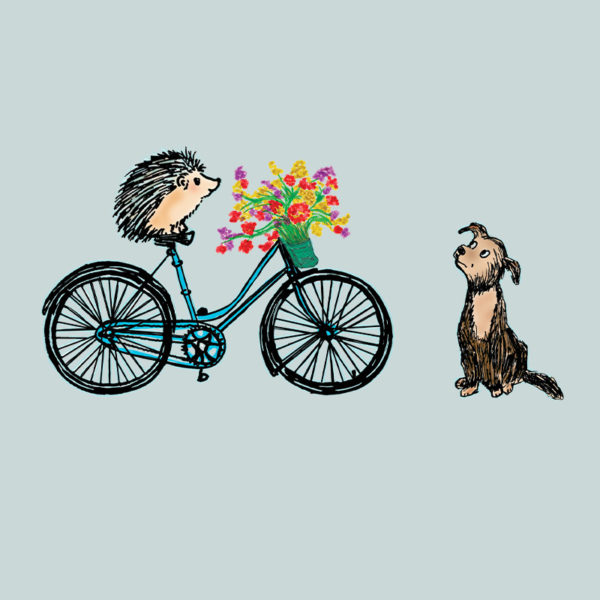 original drawing of a hedgehog on a bike delivering flowers to a dog