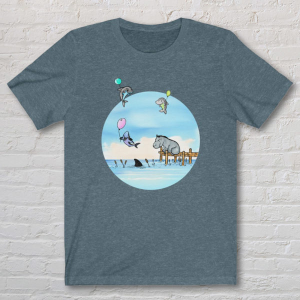 Graphic T-shirt with an original drawing of a hippo watching baby sharks float by on balloons