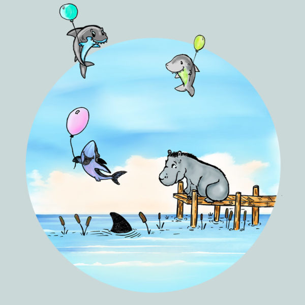 Original drawing of a hippo watching baby sharks float by on balloons