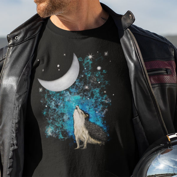 Man wearing graphic T-shirt with original drawing of wild hedgehog howling at the moon