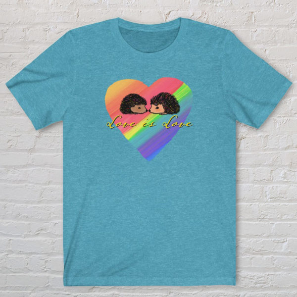 Graphic Tshirt illustrated with original Darn Pottery artwork of two hedgehogs on a rainbow heart background with the text Love is Love