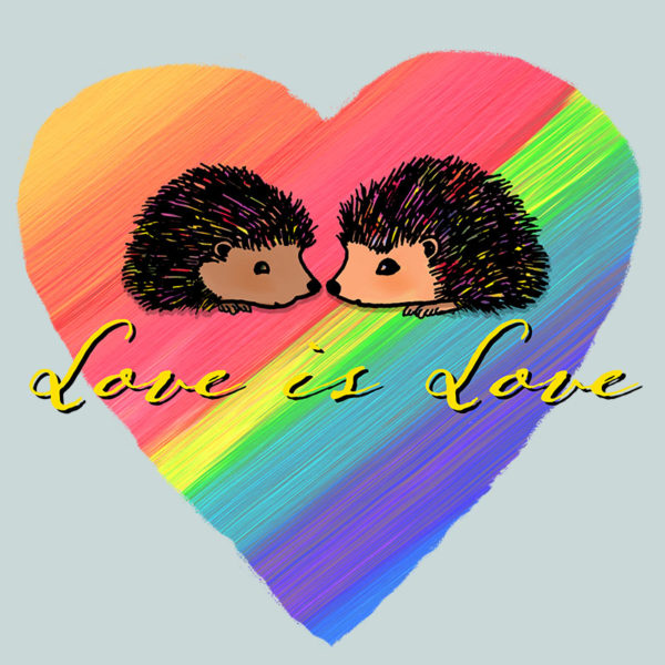 Original Darn Pottery artwork of two hedgehogs on a rainbow heart background with the text Love is Love
