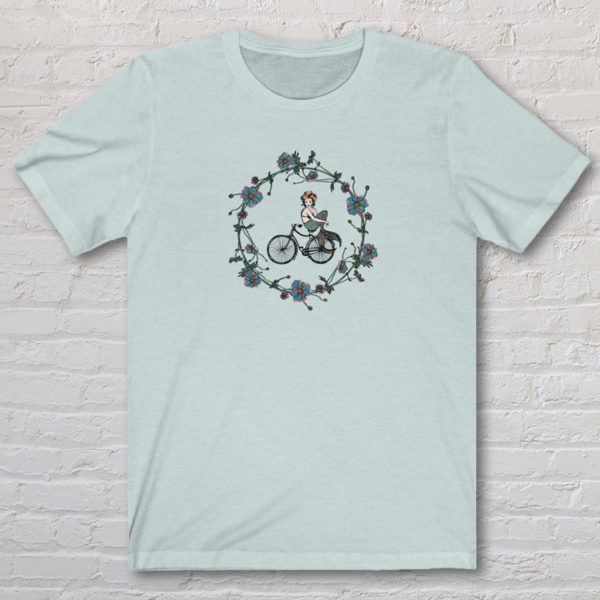 Graphic T-Shirt with original drawing of a mermaid on a bike
