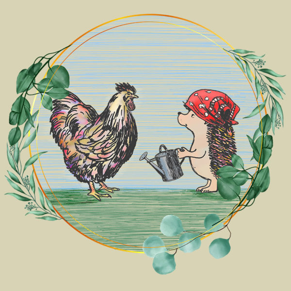 original drawing of a rooster and hedgehog in the garden
