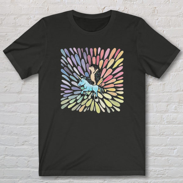 Graphic T-shirt with original drawing of a hedgehog riding a unicorn