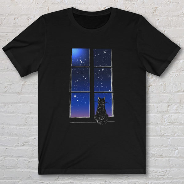 Graphic black tshirt with drawing of a cat staring at the sky