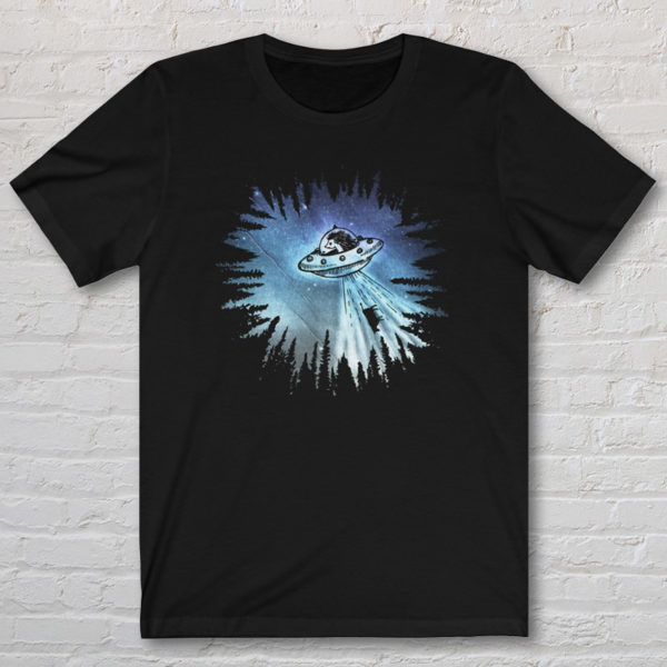 Graphic T-shirt with original drawing of a hedgehog piloted UFO stealing a cow