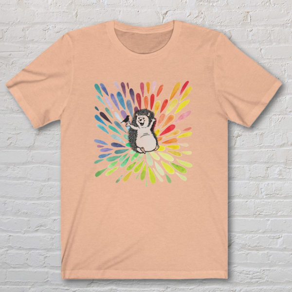 Graphic T-shirt with original drawing of a happy hedgehog talking to a bird on a splash of rainbow