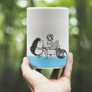 A classic Darn Pottery tumbler celebrating that time when Darnit went fishing and got caught up with a sophisticated Swedish mermaid instead. Blue accent color