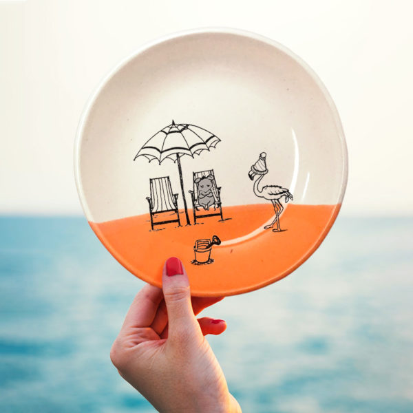 Handmade salad plate with drawing of mouse and flamingo at the beach. Coral accent color