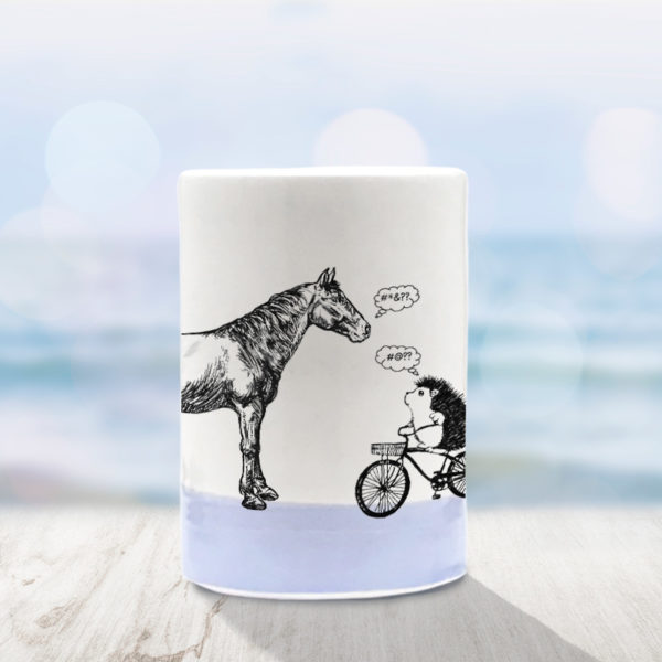 handmade tumbler with drawing of horse and hedgehog on a bike. Lavender accent color