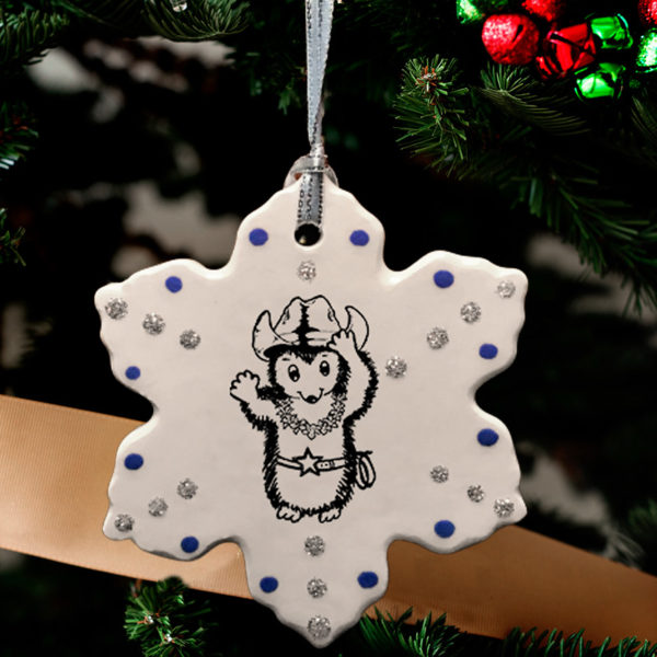 Handmade Darn Pottery ornament with drawing of a cowboy hedgehog