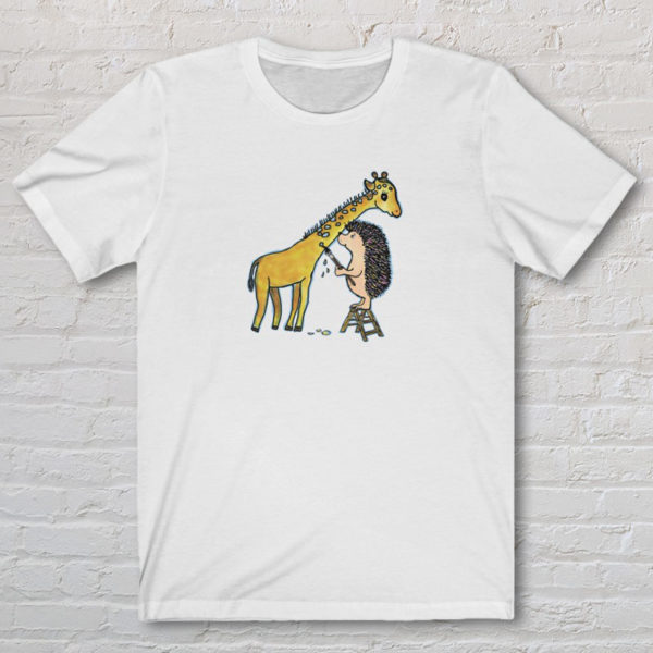 Graphic Tshirt illustrated with original Darn Pottery artwork of hedgehog painting spots on a giraffe