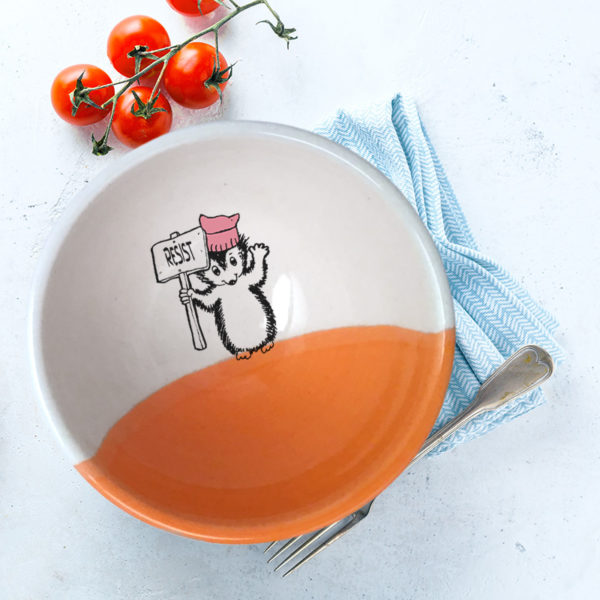 Handmade ceramic soup bowl with a drawing of a hedgehog holding a Resist protest sign. Coral accent color.