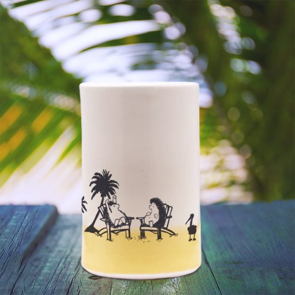 Capturing that classic pastime of reminiscing about space aliens at the beach, this handmade ceramic tumbler also does a great job of holding various tasty liquids. Gold accent color.