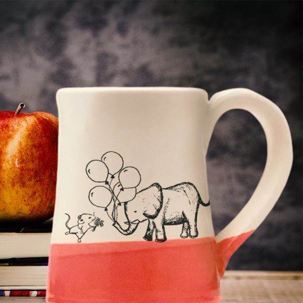 Handmade coffee mug with a drawing of a mouse and an elephant bringing each other gifts. Red accent color.