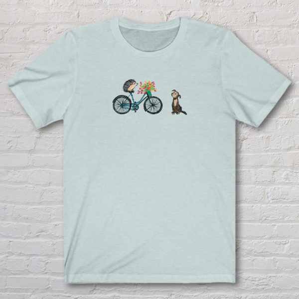 Graphic T-shirt with original drawing of a hedgehog on a bike delivering flowers to a dog