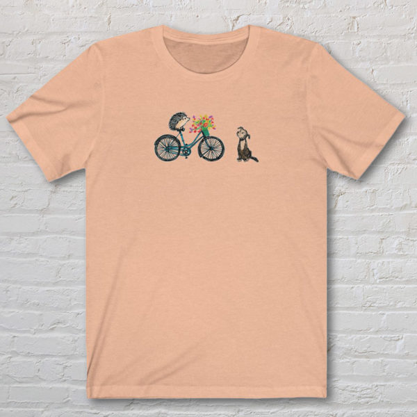 Graphic T-shirt with original drawing of a hedgehog on a bike delivering flowers to a dog