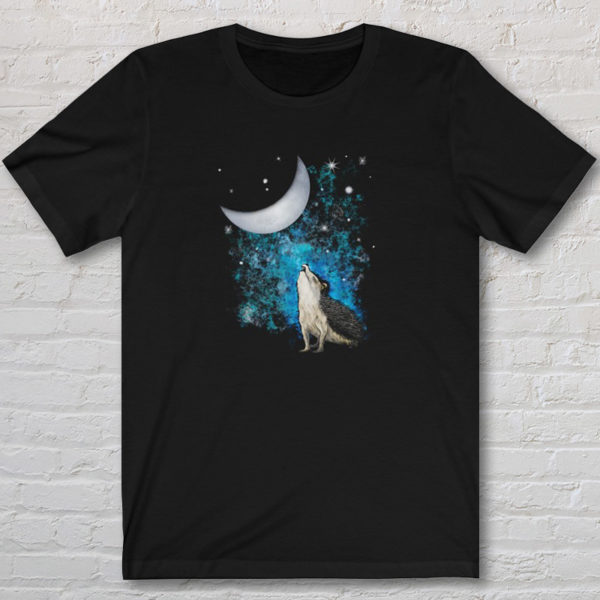 Graphic T-shirt with original drawing of wild hedgehog howling at the moon