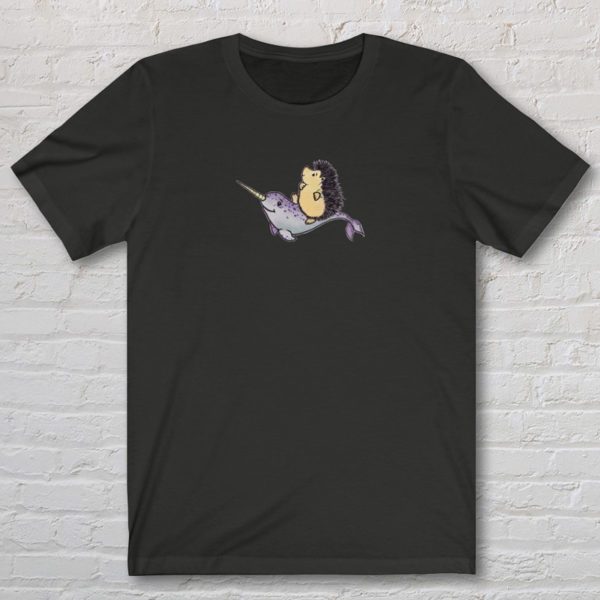 Graphic T-shirt with original drawing of a hedgehog riding a narwhal