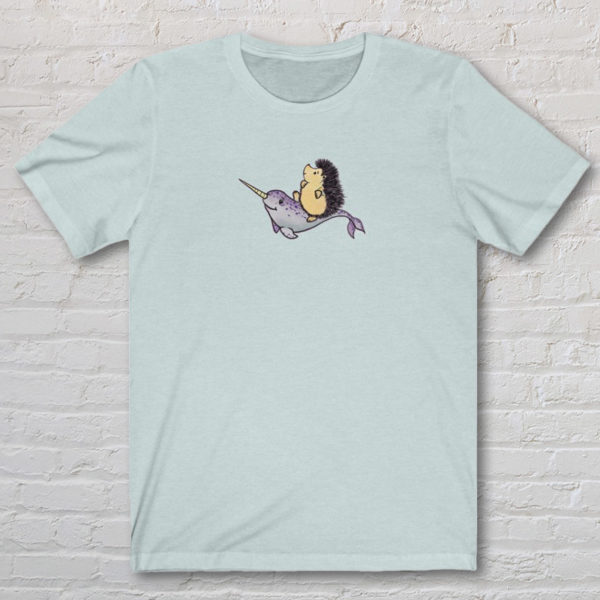Graphic T-shirt with original drawing of a hedgehog riding a narwhal