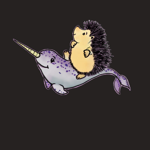 Original drawing of a hedgehog riding a narwhal