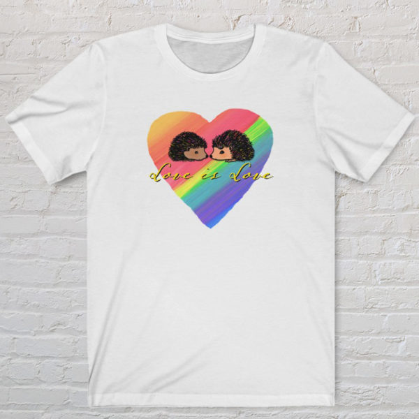 Graphic Tshirt illustrated with original Darn Pottery artwork of two hedgehogs on a rainbow heart background with the text Love is Love