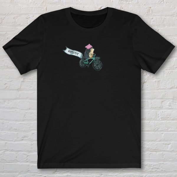 Graphic T-shirt with original drawing of a Resistance protester hedgehog on a bike