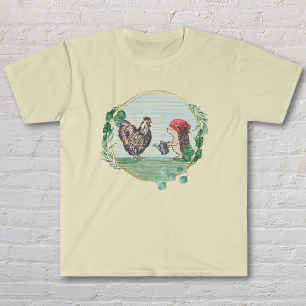 Graphic T-shirt with original drawing of a rooster and hedgehog in the garden