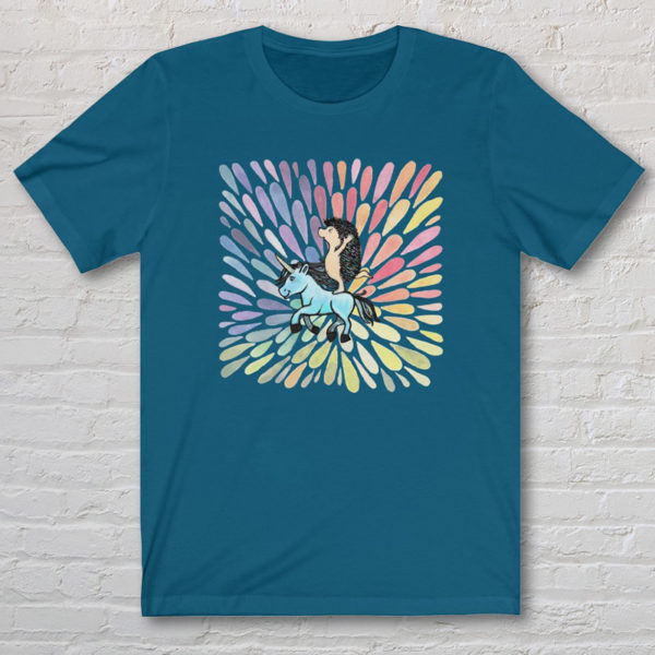 Graphic T-shirt with original drawing of a hedgehog riding a unicorn