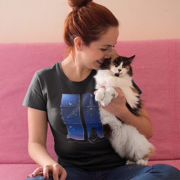 Photograph of woman wearing original graphic tshirt with cat