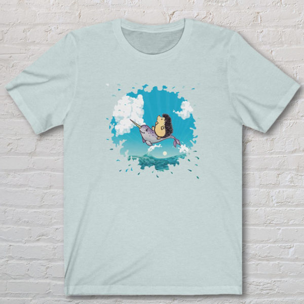 Graphic T-shirt with original drawing of a hedgehog flying over the ocean on the back of a narwhal
