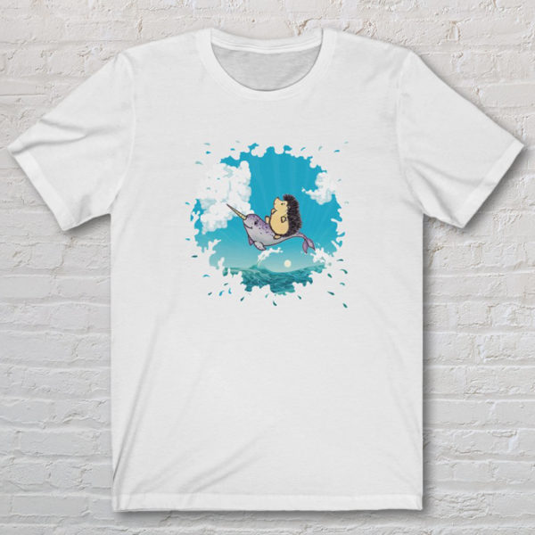 Graphic T-shirt with original drawing of a hedgehog flying over the ocean on the back of a narwhal