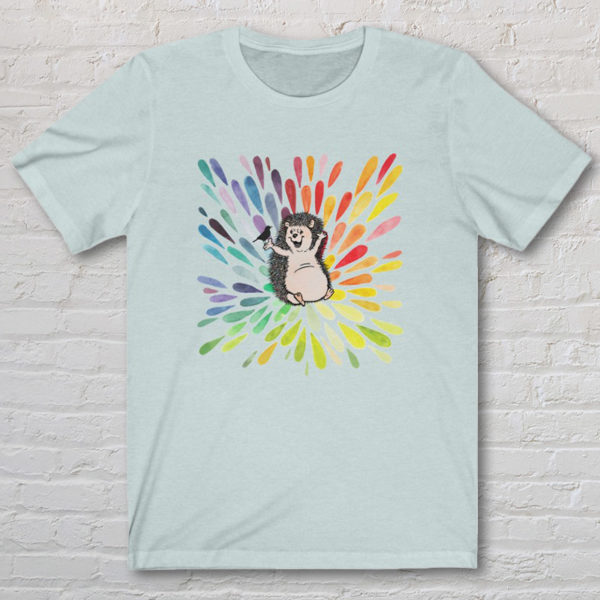 Graphic T-shirt with original drawing of a happy hedgehog talking to a bird on a splash of rainbow