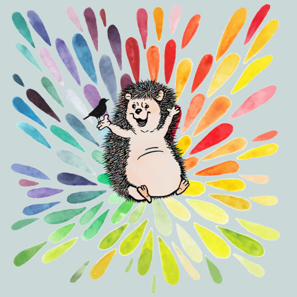original drawing of a happy hedgehog talking to a bird on a splash of rainbow
