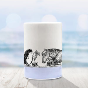 handmade mug with drawing of a hedgehog offering a carrot to a horse. Lavender accent color