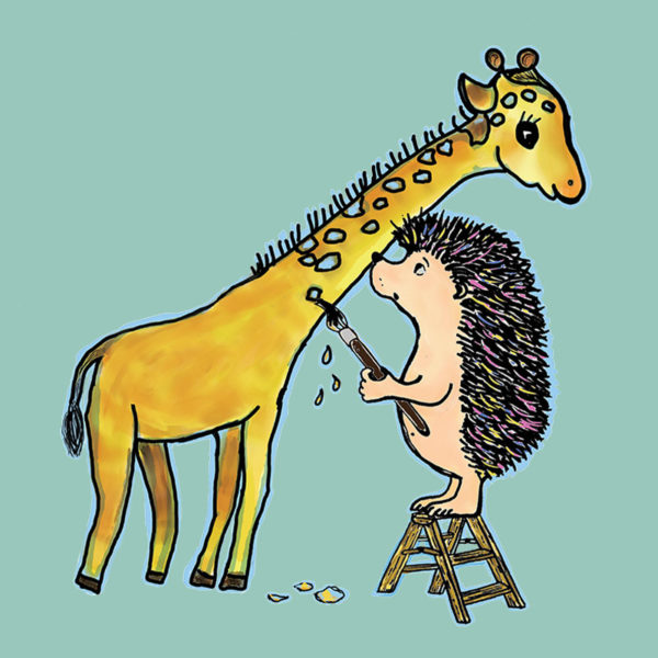 Original Darn Pottery artwork of hedgehog painting spots on a giraffe